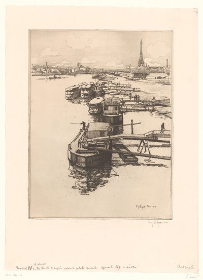 Kaj med omnibusbåtar i Paris med Eiffeltornet i bakgrunden av Eugène Bejot (signed by artist)