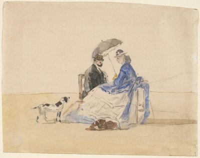 Ett par som sitter på stranden med två hundar av Eugène Boudin
