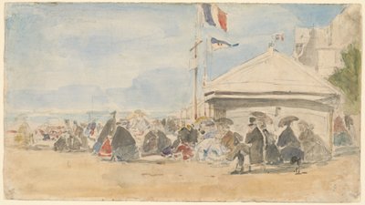 Beach House med flaggor i Trouville av Eugène Boudin
