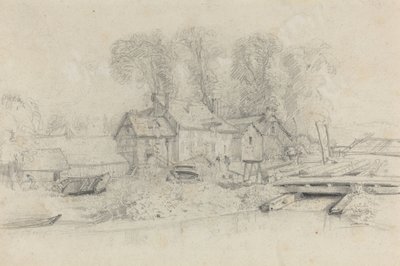 Flodlandskap med byggnader, båtar och figurer av Eugène Boudin