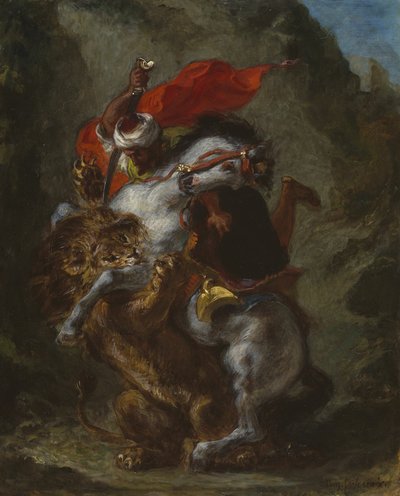 Arabisk ryttare attackerad av ett lejon av Eugène Delacroix