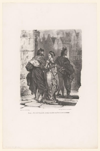 Faust försökte Grietje te verleiden Faust: Min vackra unga dam, skulle jag våga erbjuda dig min arm och köra dig hem? (titel på objekt) Faust (serietitel) Faust, tragedi av M. de Goethe (serietitel) av Eugène Delacroix