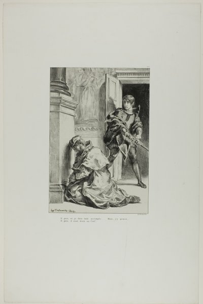 Hamlet försöker dräpa kungen, plansch 8 ur Hamlet av Eugène Delacroix