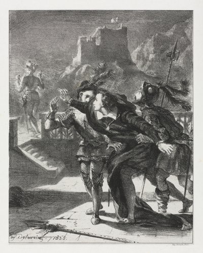 Hamlet: Hamlet skyndar sig att följa sin fars spöke av Eugène Delacroix