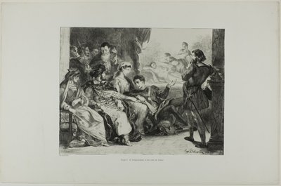 Hamlet får spelarna att iscensätta förgiftningen av hans far, plansch 7 ur Hamlet av Eugène Delacroix