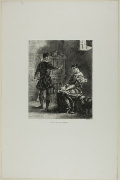 Hamlet och Ofelia, plansch 5 ur Hamlet av Eugène Delacroix
