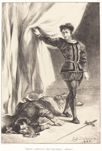 Hamlet och Polonius kropp (akt III, scen IV) av Eugène Delacroix