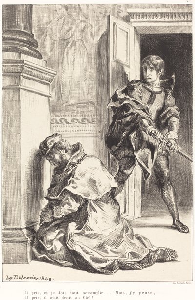 Hamlet frestas att döda kungen (akt III, scen III) av Eugène Delacroix