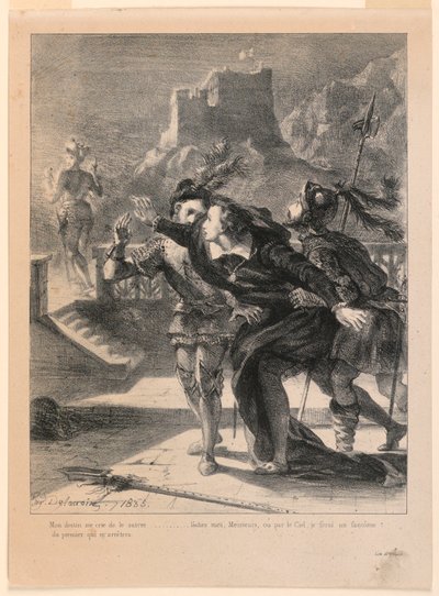 Illustration för Hamlet: Hamlet försöker följa sin fars spöke (I,4) av Eugène Delacroix