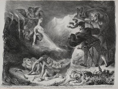 Illustrationer för Faust: Marguerites skugga visar sig för Faust av Eugène Delacroix