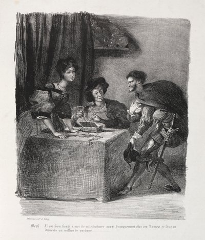 Illustrationer för Faust: Mephistopheles är på Marthe av Eugène Delacroix