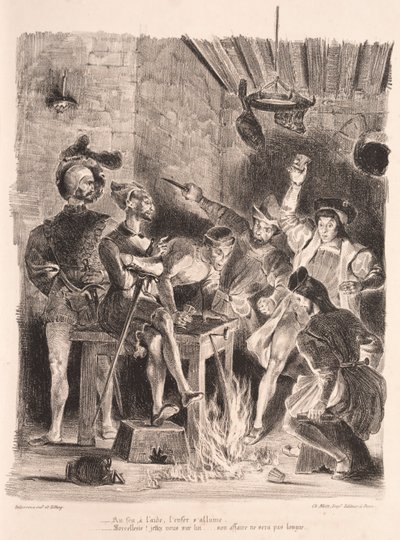 Illustrationer för Faust: Méphistophélés på studentkrogen av Eugène Delacroix