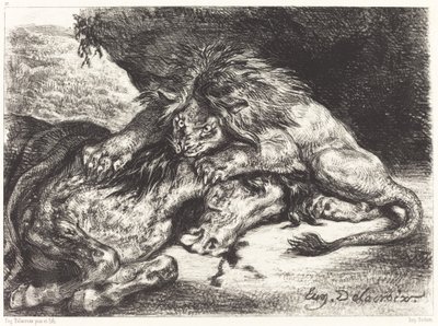 Lejon som slukar en häst Lejon som slukar en häst, 1844. av Eugène Delacroix