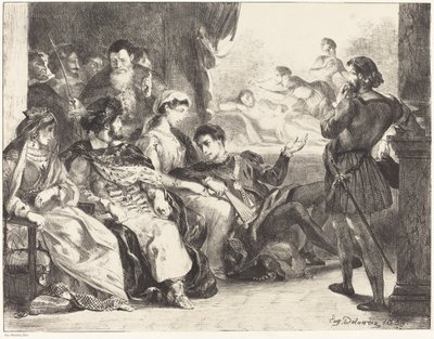 Spelare som genomför förgiftningen av Hamlets far (akt III, scen II) av Eugène Delacroix