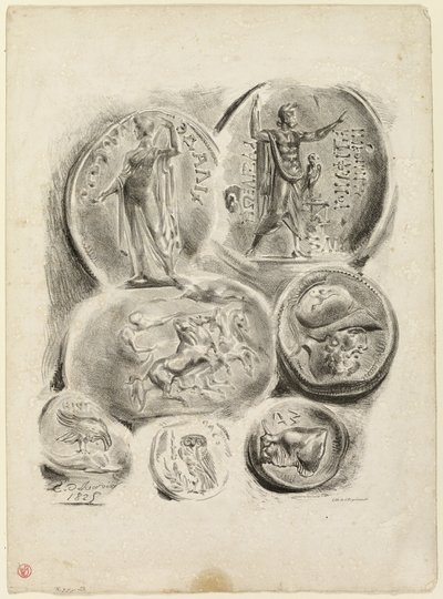 Blad med sju antika medaljer av Eugène Delacroix