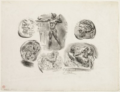 Ark med sex antika medaljer av Eugène Delacroix