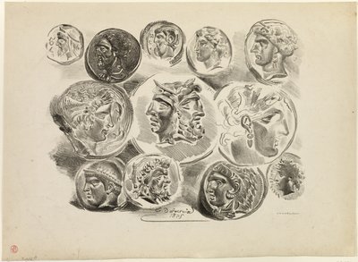 Blad med tolv antika medaljer av Eugène Delacroix