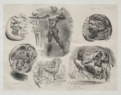 Blad med sex antika medaljer av Eugène Delacroix