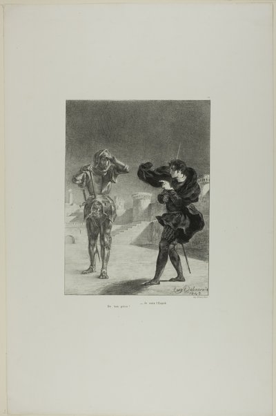 Spöket på perrongen, plansch 3 ur Hamlet av Eugène Delacroix