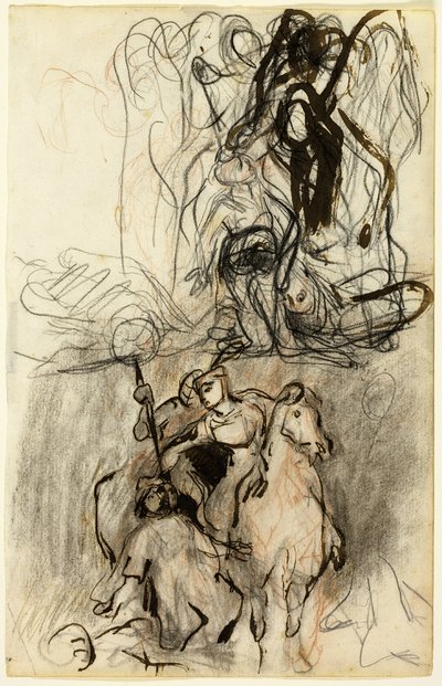 Två skisser; Beväpnade ryttare och figur på marken av Eugène Delacroix