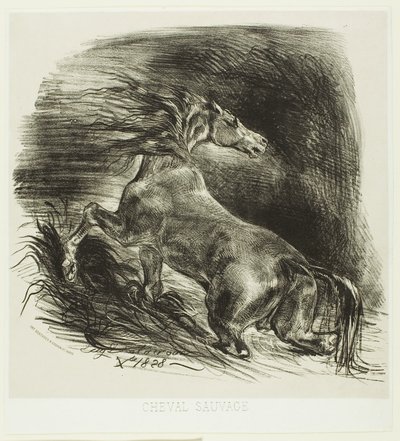 Vild häst eller skrämd häst som lämnar vattnet av Eugène Delacroix