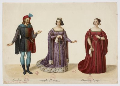 Kostymer - Frederic Lemaitre som Buridan, Mlle George som Marguerite de Bourgogne (La Tour de Nesle, september 1832) av Eugène Du Faget