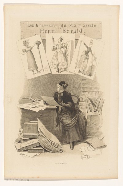 Kvinnan tittar på bilder bakom ett skrivbord Titelsida för: Henri Béraldi, Les engravers du XIXe siècle, 1899 av Eugène Gaujean