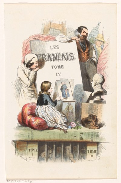 Människor som ser konst ut Titelsida för: Les Français peints par eux-mêmes, 1841 av Eugène Guillaumot
