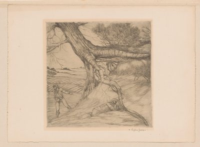 Såningsman och liggande figur med knäppta händer i ett landskap av Eugène Joors (signed by artist)