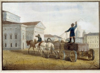 Transport av granitblock till teatertorget i Sankt Petersburg. Verk av Eugene Pluchart (1809-1880), akvarell på litografi av Eugéne Pluchart