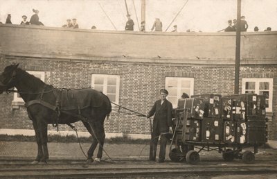 Portier med en hästdragen bagagevagn vid hamnen (s/v foto) av European Photographer