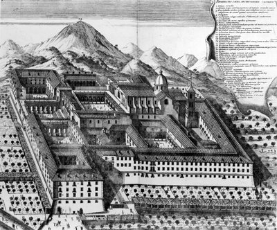 Flygfoto över Monte Cassino, Italien gravyr) av European School