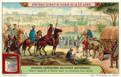 Alarik, västgoternas kung, anländer till Roms portar för första gången, 408 (chromolitho) av European School