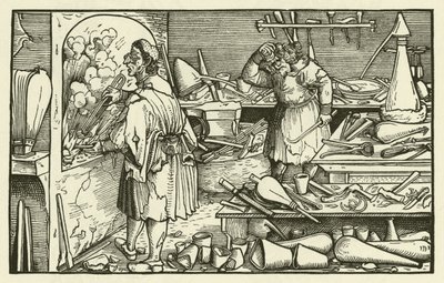 Alkemistens laboratorium på 1500-talet (träsnitt) av European School