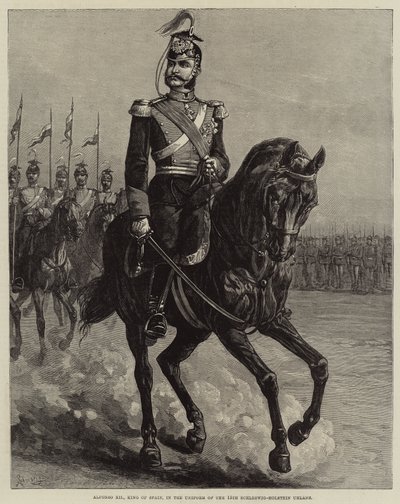 Alfonso XII, kung av Spanien, i uniformen av 15:e Schleswig-Holstein Uhlans (gravyr) av European School