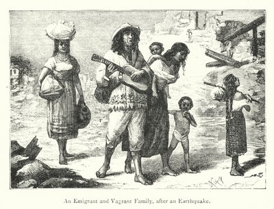 En emigrant- och vagabondfamilj efter en jordbävning (gravyr) av European School