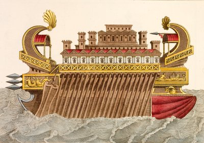 Forntida krigsskepp (färgad gravyr) av European School