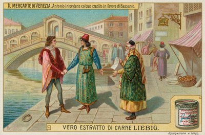 Antonio ingriper på Bassanios vägnar med Shylock av European School