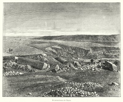 Arkeologiska utgrävningar av den antika egyptiska staden Tanis (litho) av European School