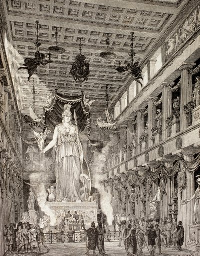 Konstnärsavtryck av statyn av gudinnan Athena i Parthenon, Aten, under den klassiska perioden, från 