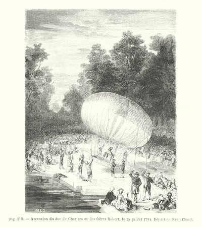 Himmelsfärd för hertigen av Chartres och bröderna Robert, 15 juli 1784, avresa från Saint-Cloud (gravyr) av European School