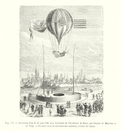 Uppstigning gjordes den 12 juni 1784 med aerostaten från Academy of Dijon, av Guyton de Morveau och de Virly, Första testet av riktning av aerostater, med åror (gravyr) av European School