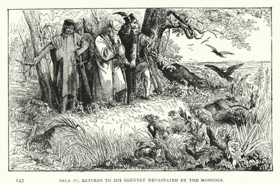 Bela IV, återvänder till sitt land ödelagt av mongolerna (gravyr) av European School