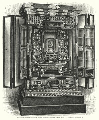 Buddhistiskt inhemskt altare, från Japan (gravyr) av European School