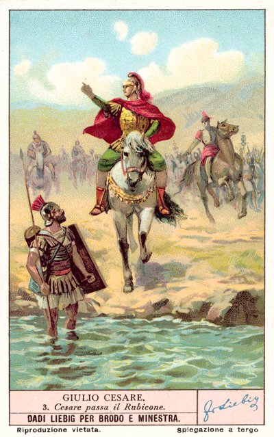 Caesar korsar Rubicon, 49 f.Kr. (chromolitho) av European School