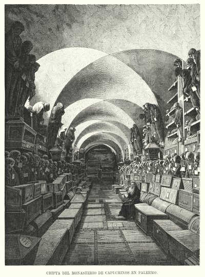 Katakomberna i Capuchin-klostret, Palermo, Sicilien, Italien (litho) av European School