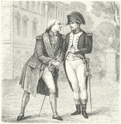 Karl IV av Spanien med Napoleon (gravyr) av European School
