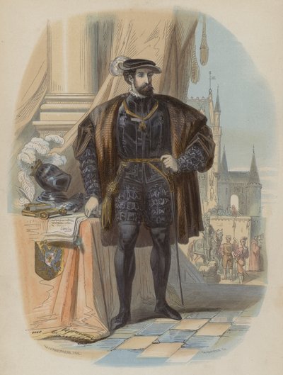 Karl V, helige romerske kejsare (färgad gravyr) av European School
