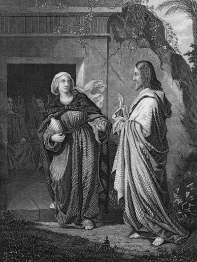 Kristus uppenbarar sig för Maria, St Johannes, kap 20, v 14 (gravyr) av European School