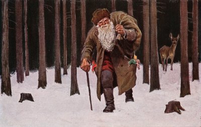 Julkort, jultomten traskar genom snön med julklappssäck, rådjur i bakgrunden (färglitografi) av European School